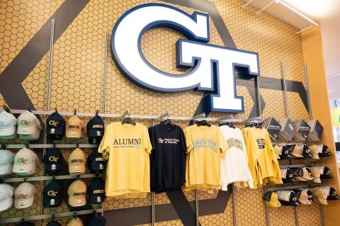 Georgia Tech licensed products and apparel on display, with a large GT brand mark.